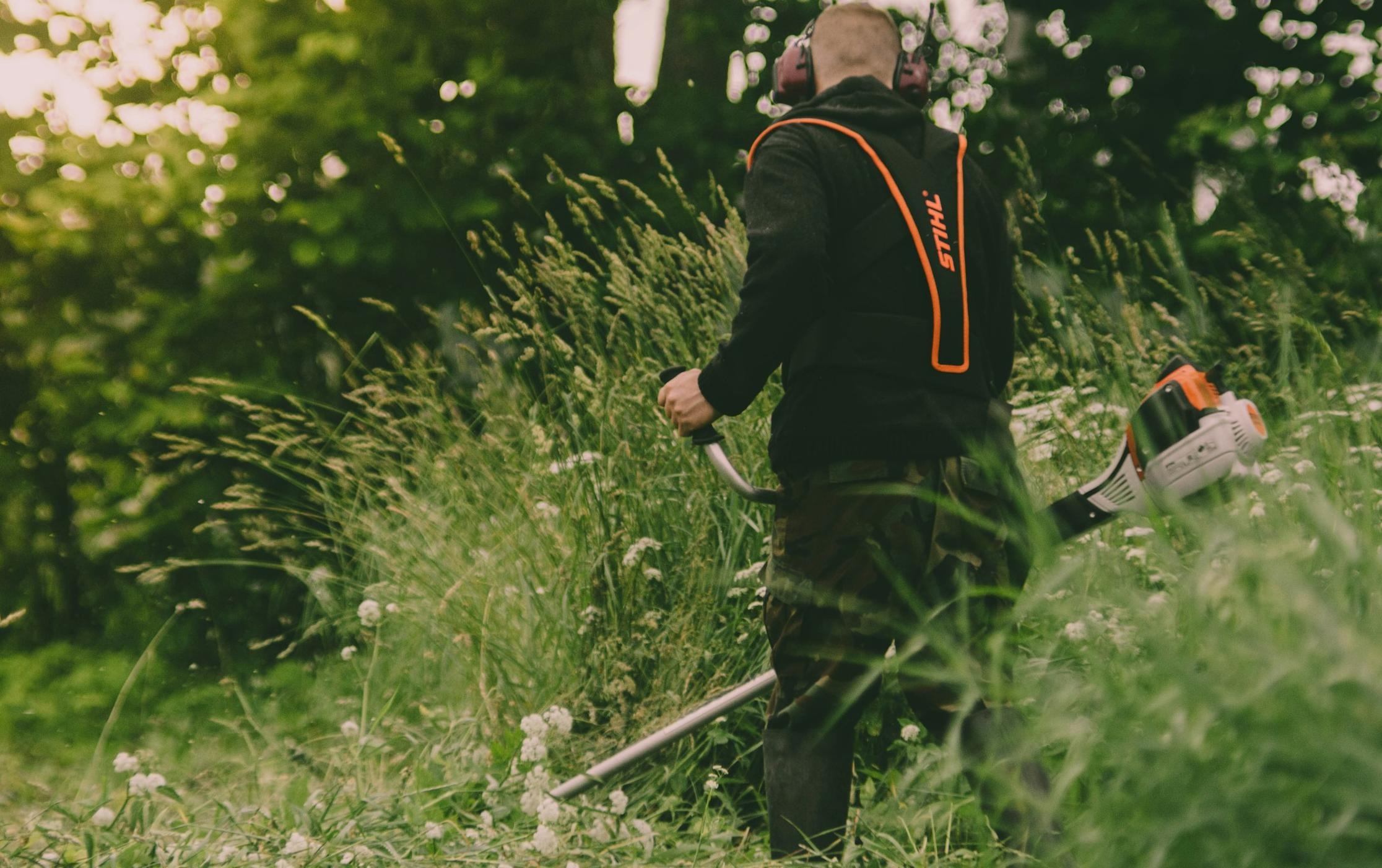 Foto på en man bakifrån som klipper högt gräs med trimmer.