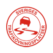 Sveriges trafikövningsplatsers logotype, en röd och vit cirkel med en röd sladdande bil i mitten.